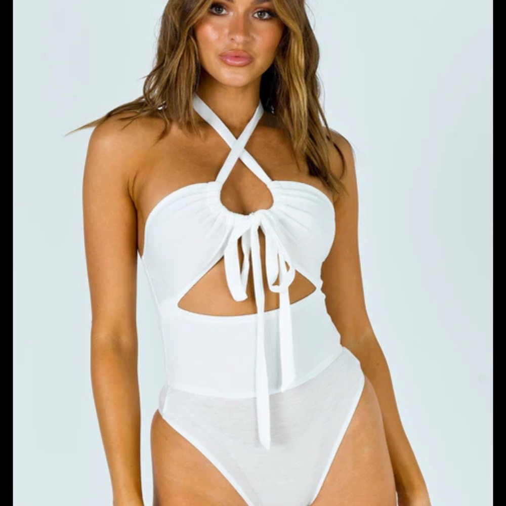 Princess Polly Cream Ribbed Halter Bodysuit